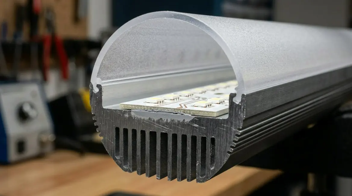 A cross-section diagram of a T8 LED tube housing showing the half-aluminum base and half-PC cover structure, highlighting the thermal dissipation path from the PCB to the aluminum.
