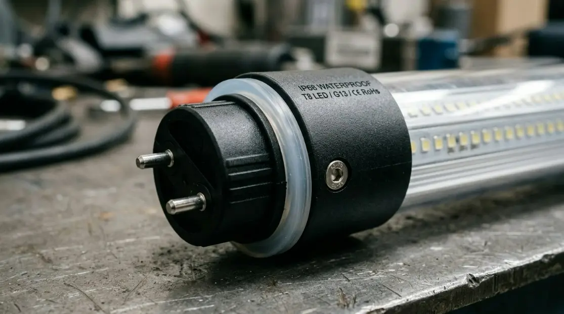 Close-up photo of an IP68 waterproof LED T8 tube end cap with high-quality silicone sealing and a professional matte finish.